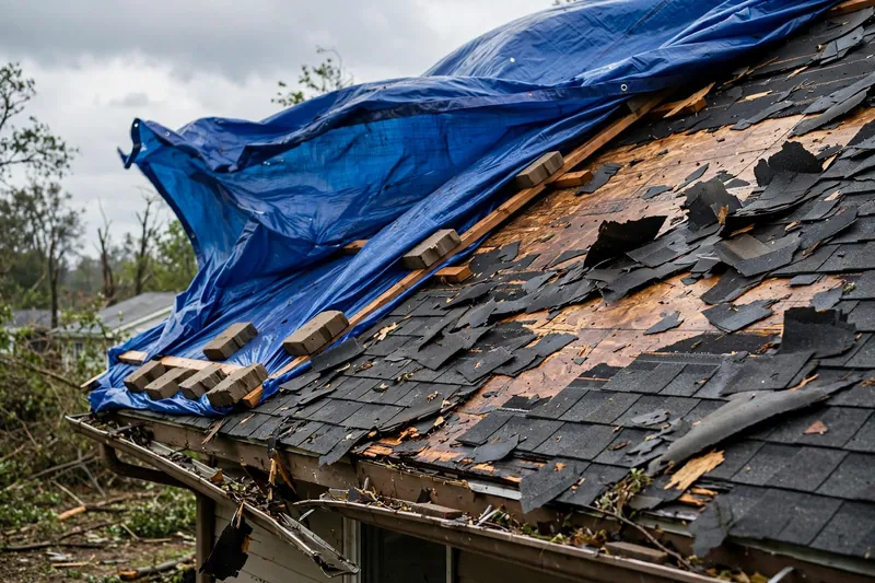 Emergency Roof Repair before repair — roof damage in Dearborn, MI